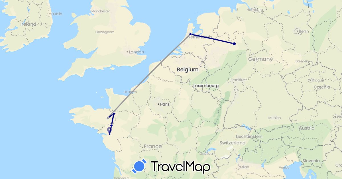 TravelMap itinerary: driving, plane in Germany, France, Netherlands (Europe)
